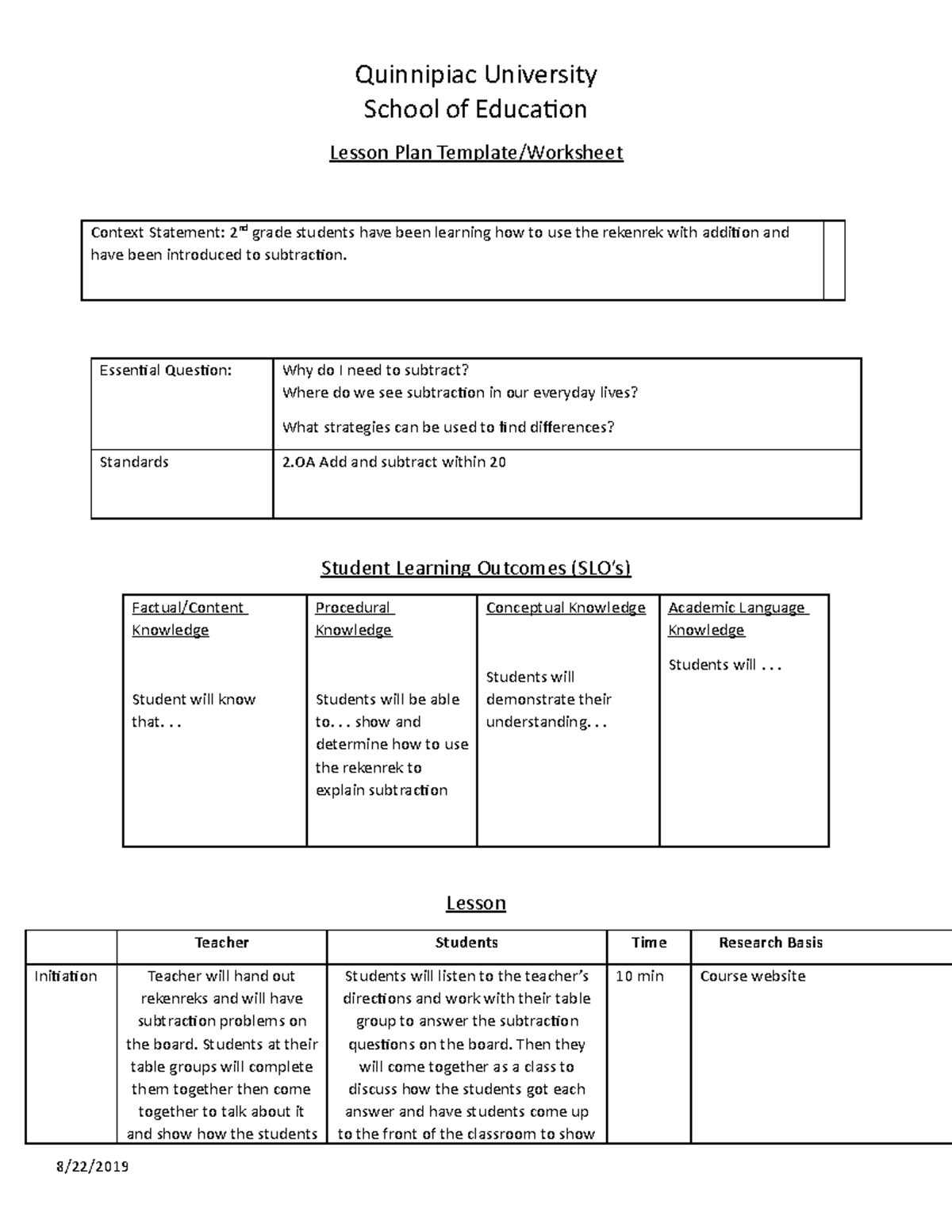 Irizarry - Subtraction Lesson Plan - Quinnipiac University School of ...