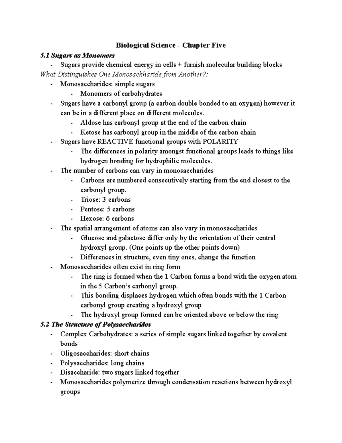 BIOL141 - Chapter 5 Notes - Biological Science - Chapter Five 5 Sugars ...