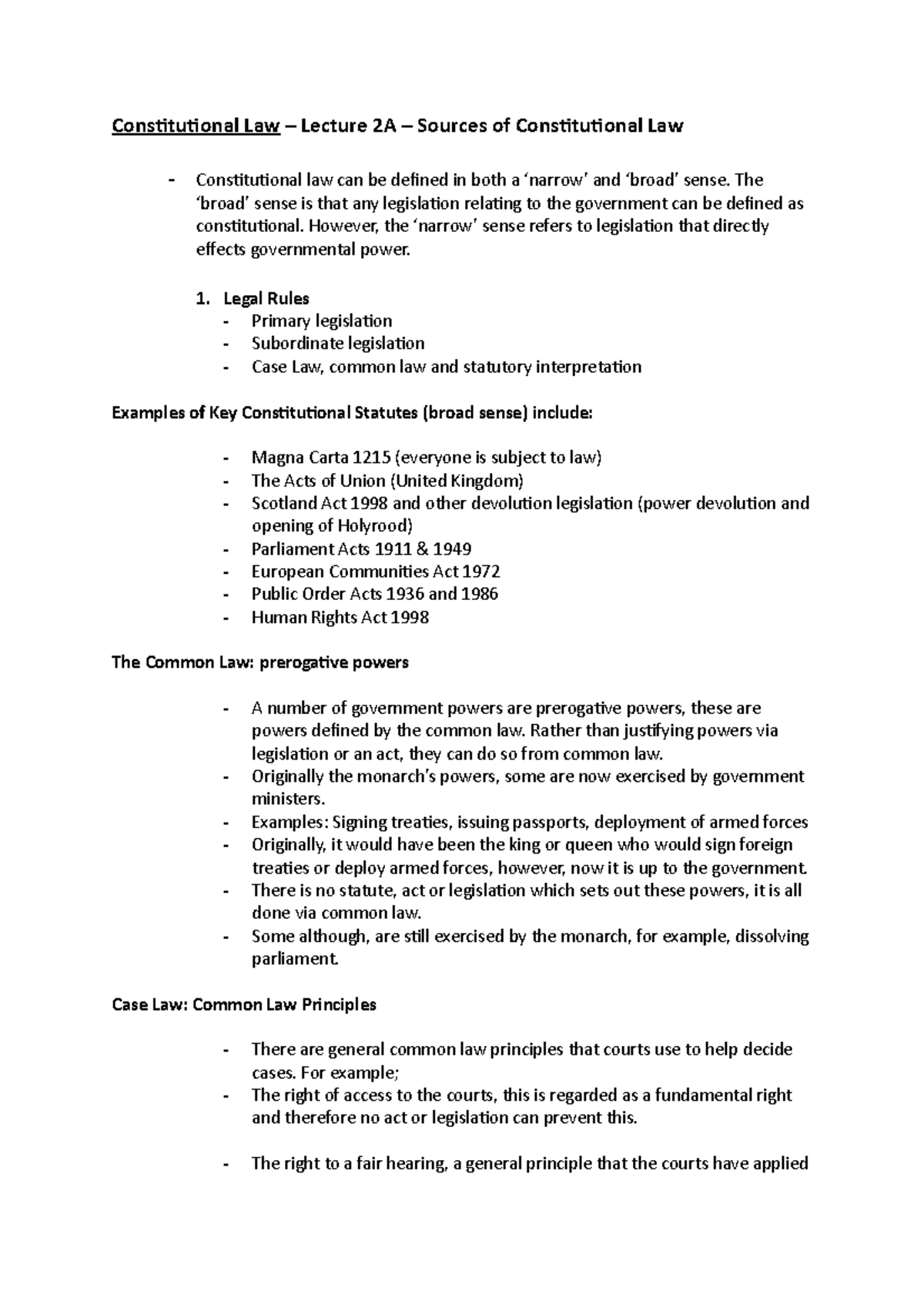 Lecture 2A + B - Constitutional Law – Lecture 2A – Sources Of ...