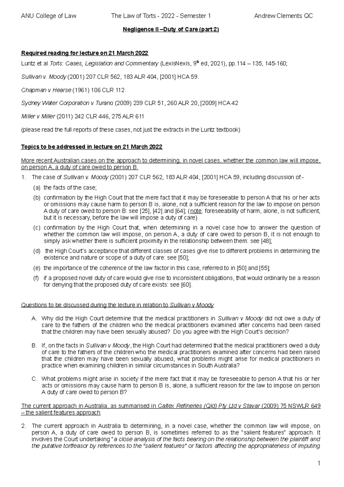 Torts 2022 - Negligence II - outline (Clements) - ANU College of Law ...