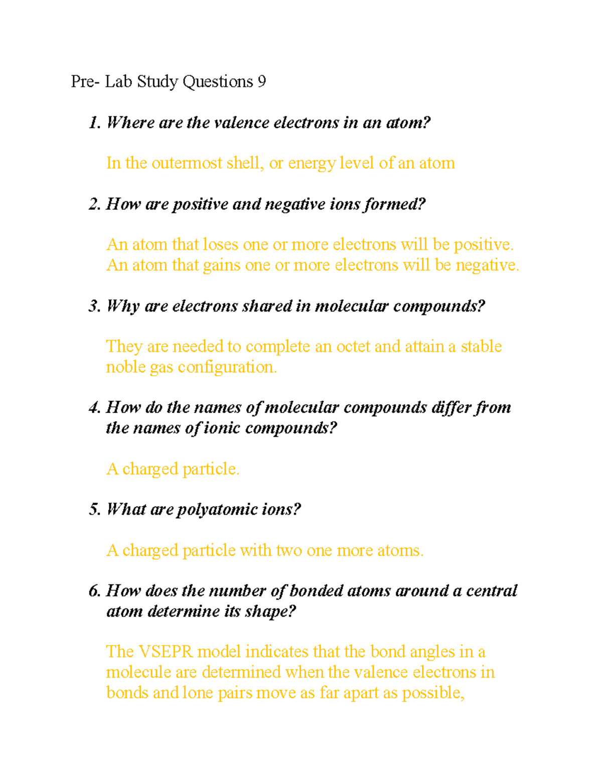PRE LAB 9 Chem 124A LAB Pre Lab Study Questions 9 Where are the