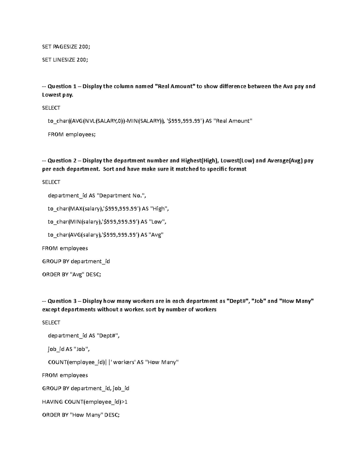 DBS 301 LAB 04 - DBS 301 LAB 04 - SET PAGESIZE 200; SET LINESIZE 200 ...