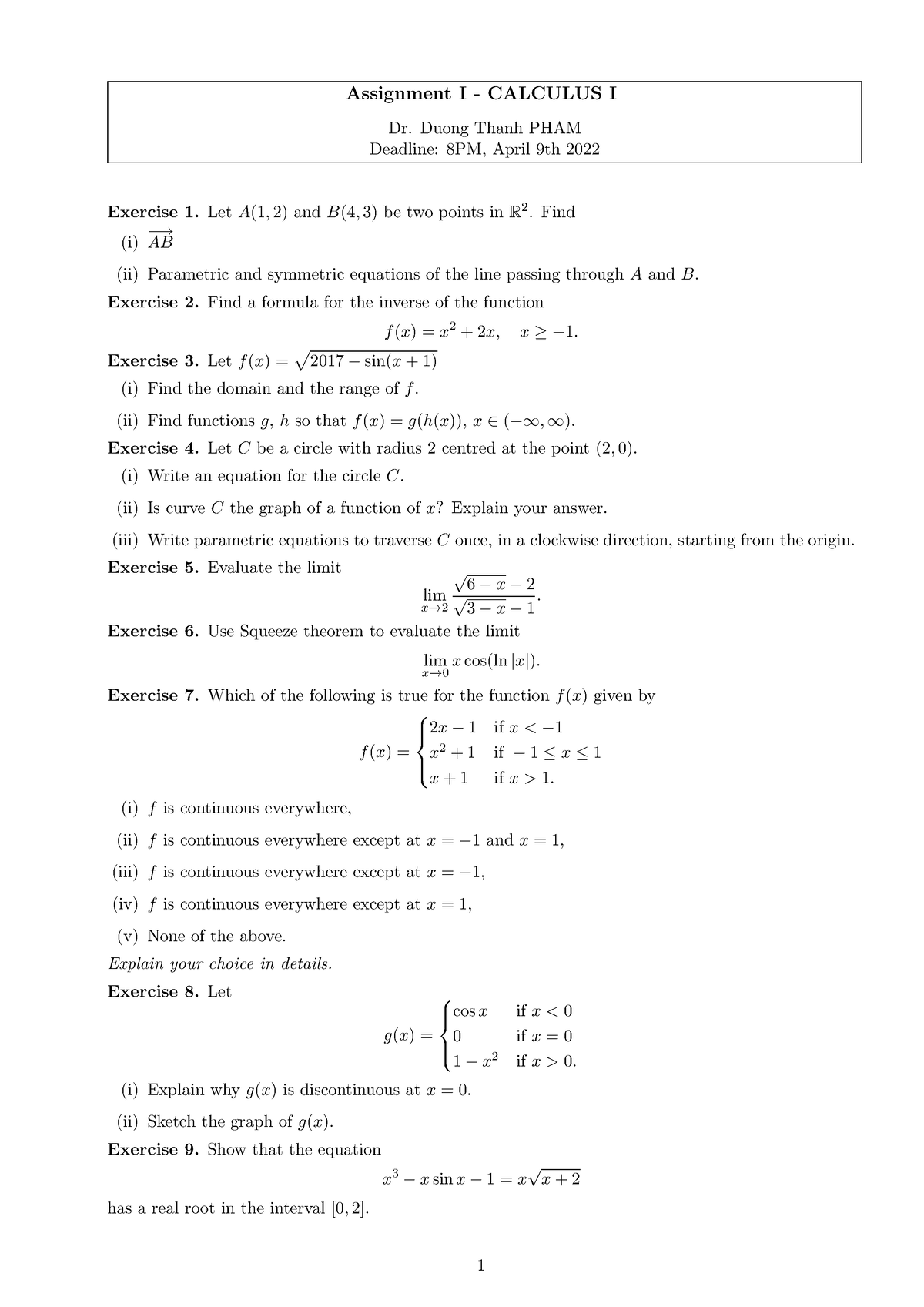 Calculus I Assignment 01 - Assignment I - CALCULUS I Dr. Duong Thanh ...