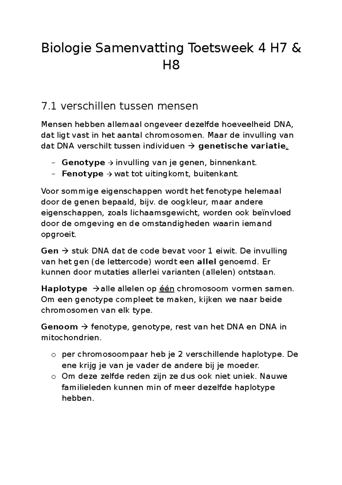 Biologie Samenvatting H7 - Biologie Samenvatting Toetsweek 4 H7 H8 7 ...