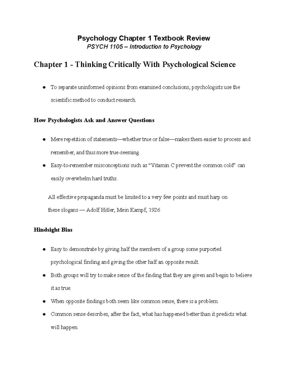 Psych 1105 - Psychology Chapter 1 Textbook Review - Psychology Chapter ...