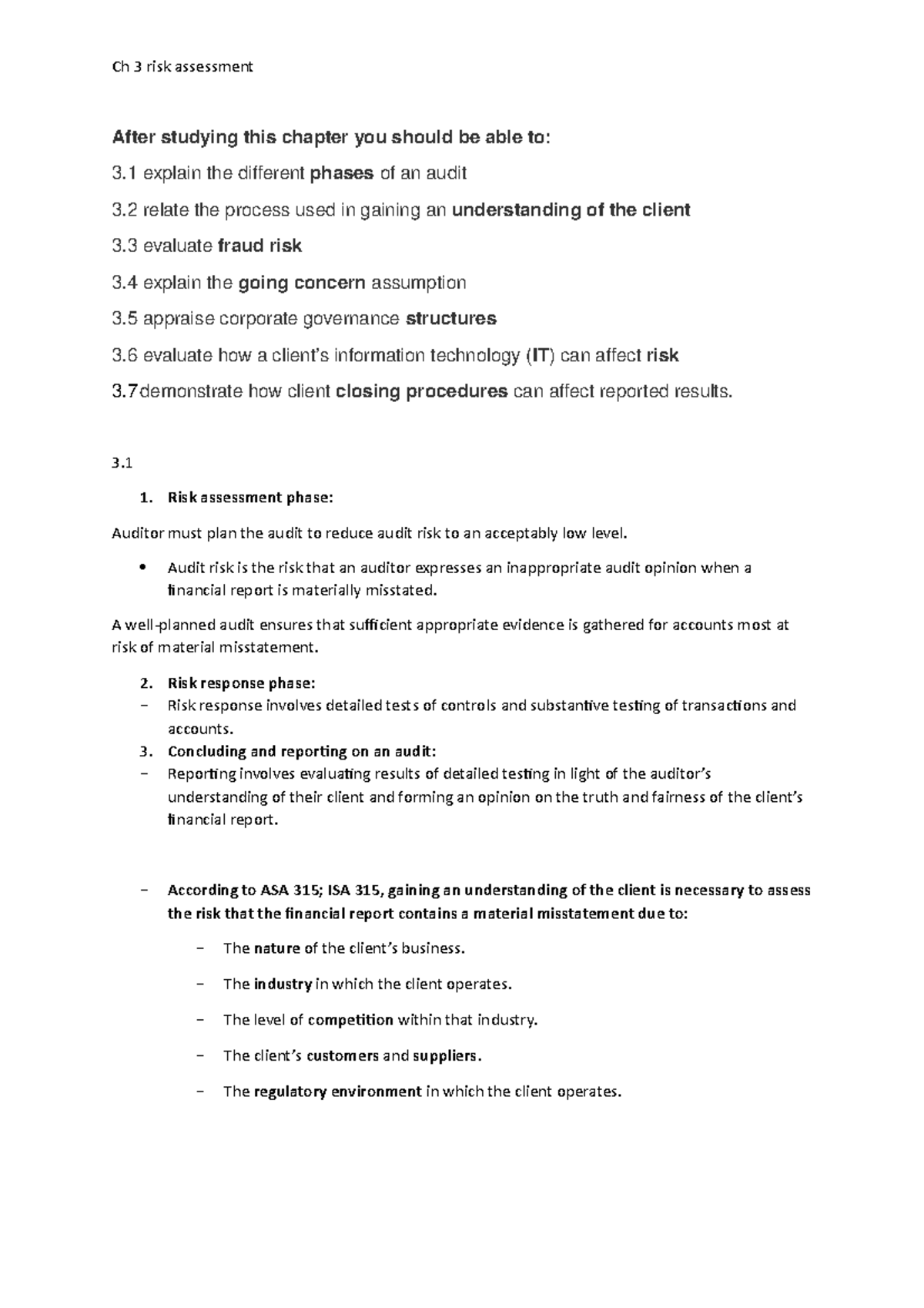 Assessment risk ch 3 - bye - After studying this chapter you should be ...