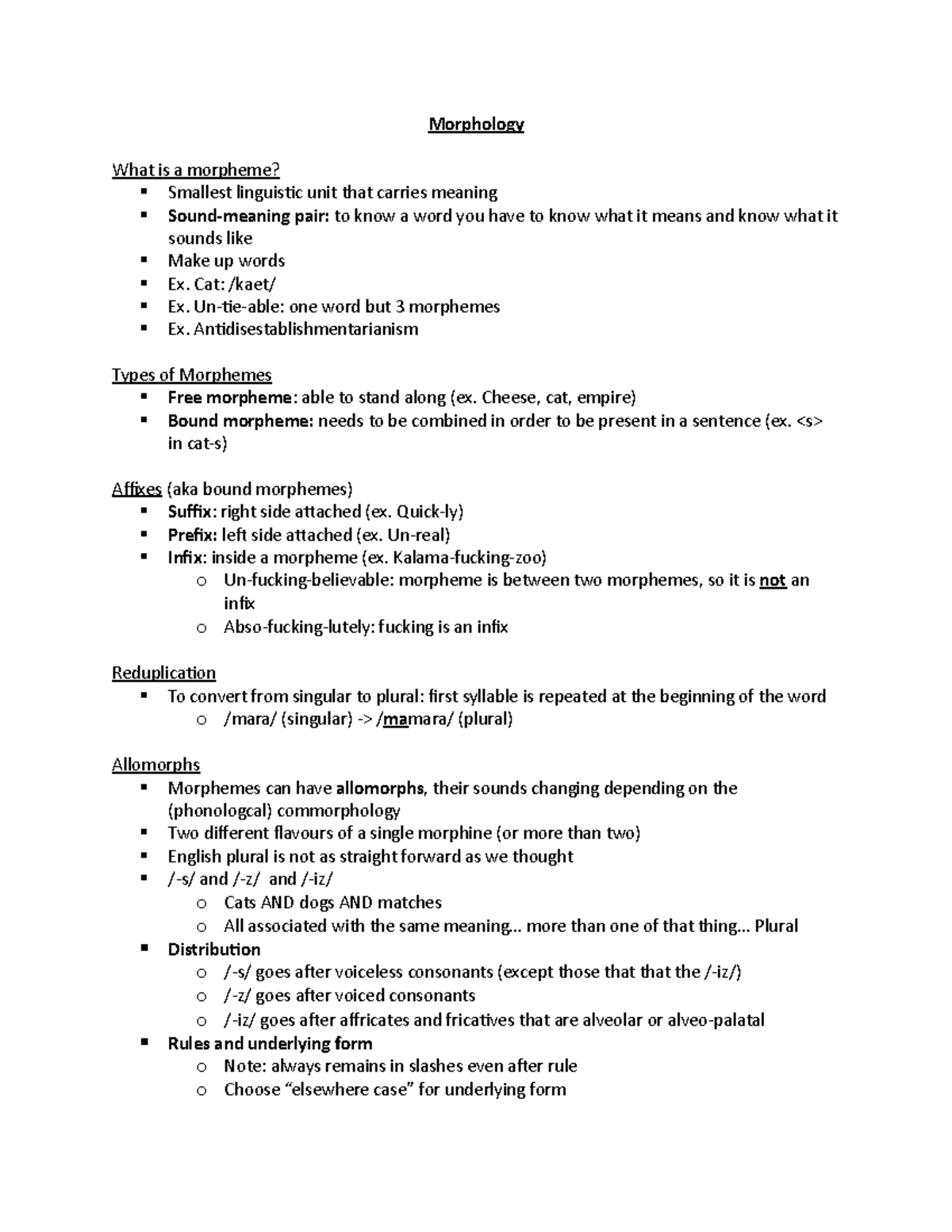 Morphology - Lecture notes 4 - Morphology What is a morpheme? Smallest ...