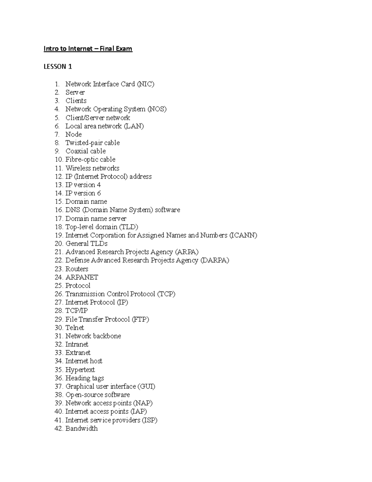 Intro to Key Words Intro to Final Exam LESSON 1