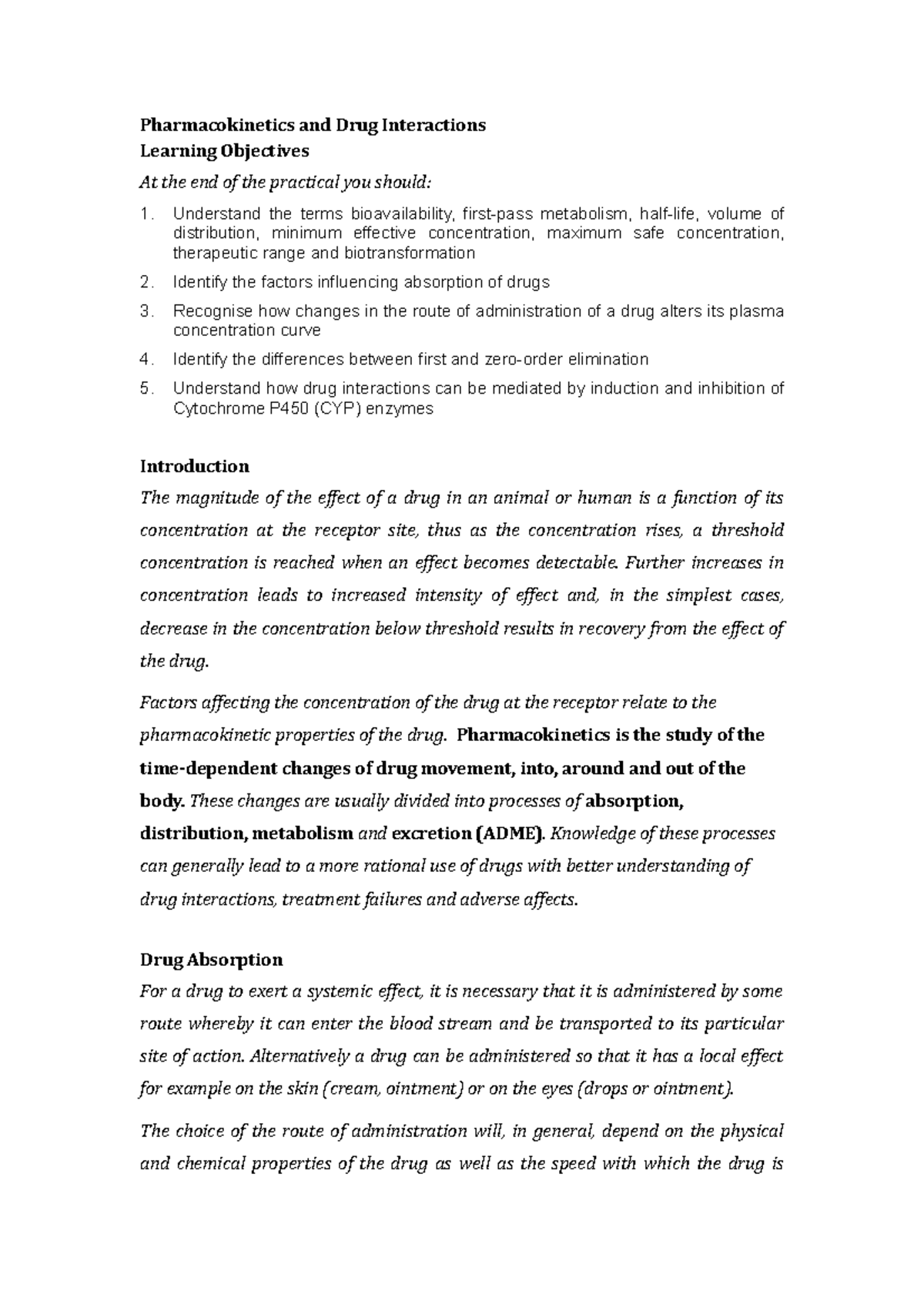 Pharmacokinetics and Drug Interactions Student Sheet - Pharmacokinetics ...