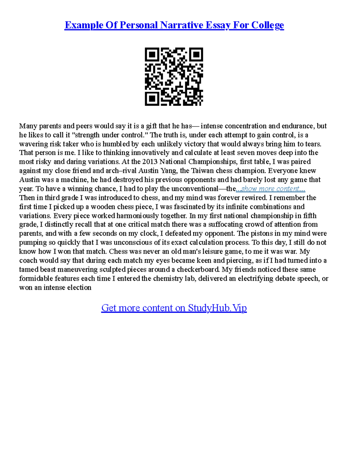 Personal Essay For College Sample - Example Of Personal Narrative Essay ...
