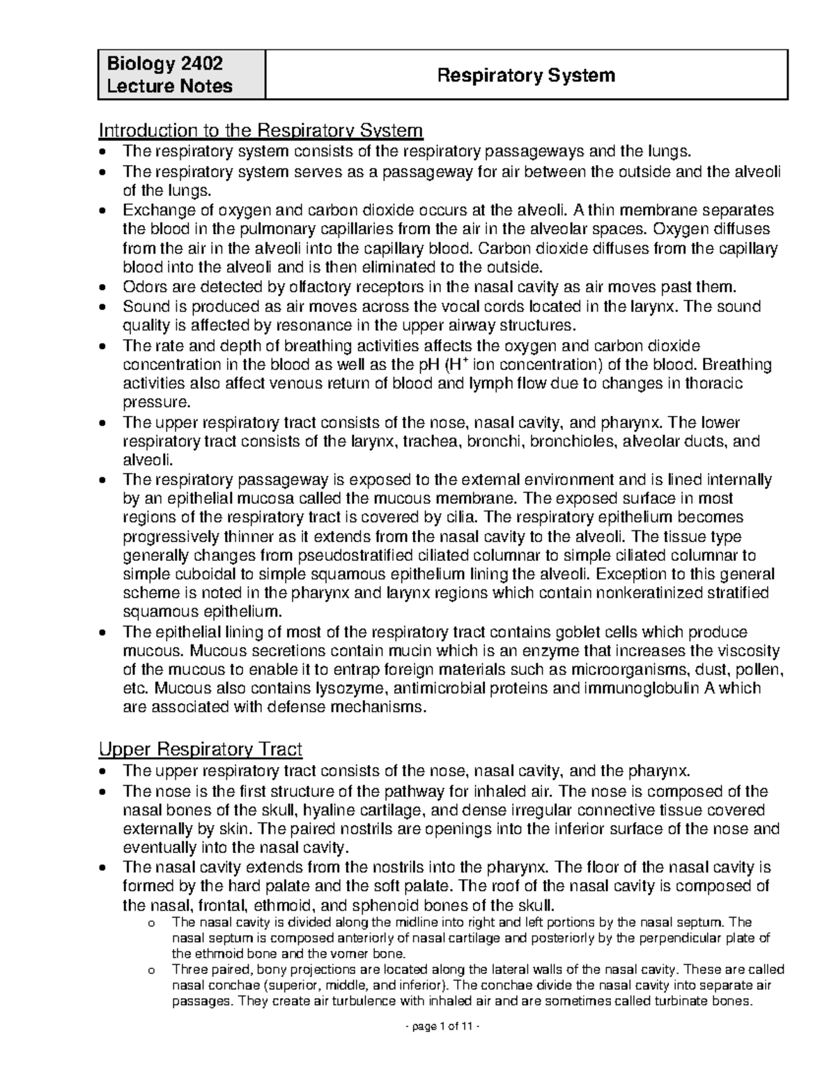 Biology 2402 - Ch. 23 - Respiratory System - Lecture Notes Respiratory ...