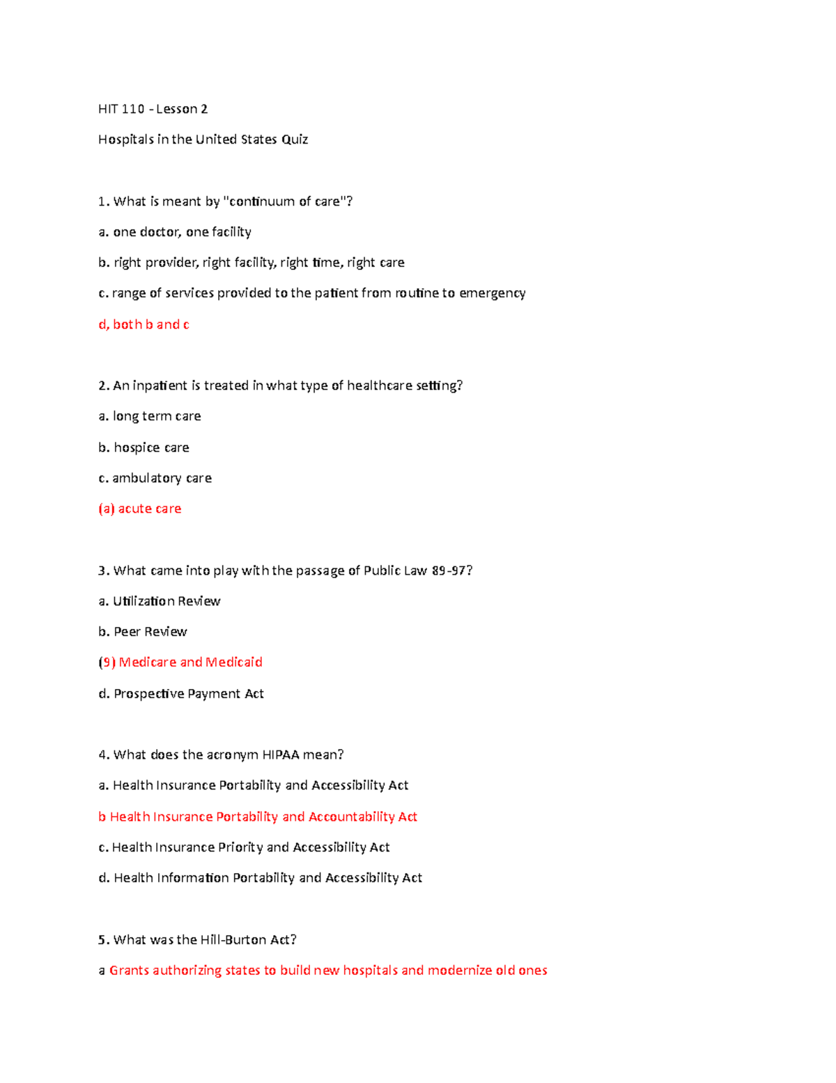 Test 1 HIT 110 Brian Gray Lesson 2 Quiz answers in red HIT 110