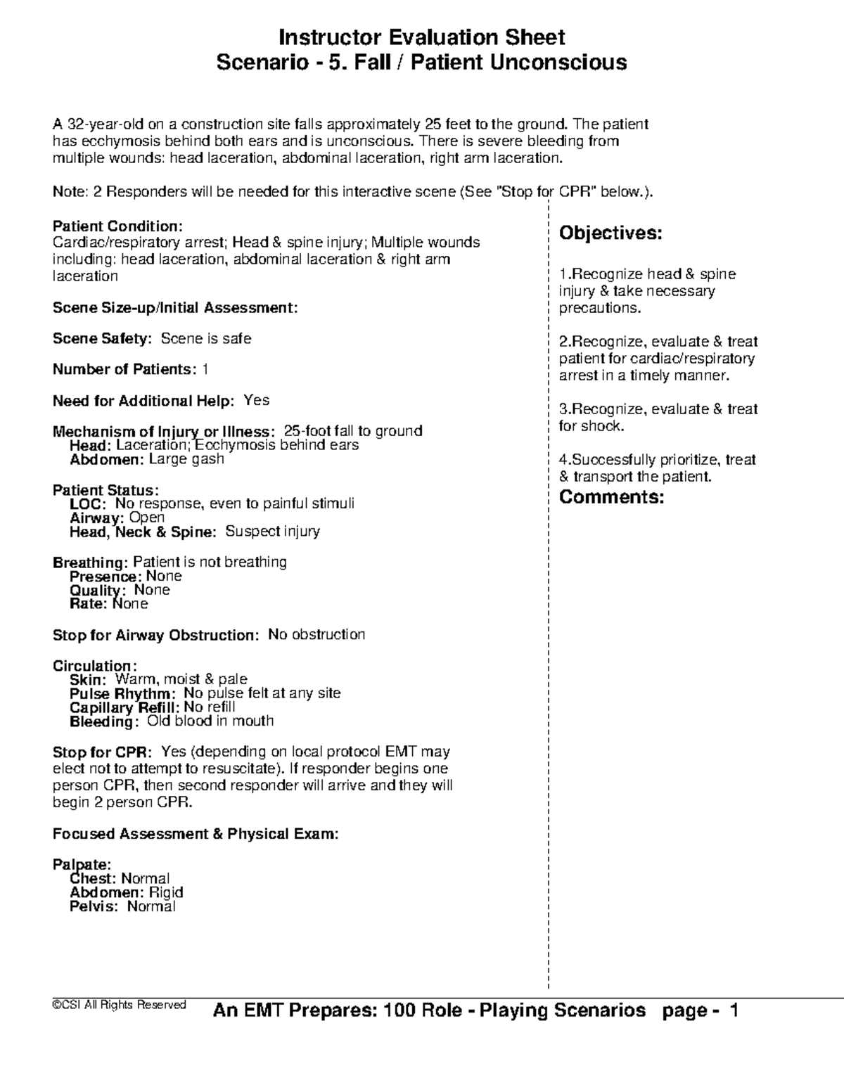 5. Fall = Patient Unconscious - Instructor Evaluation Sheet Scenario ...