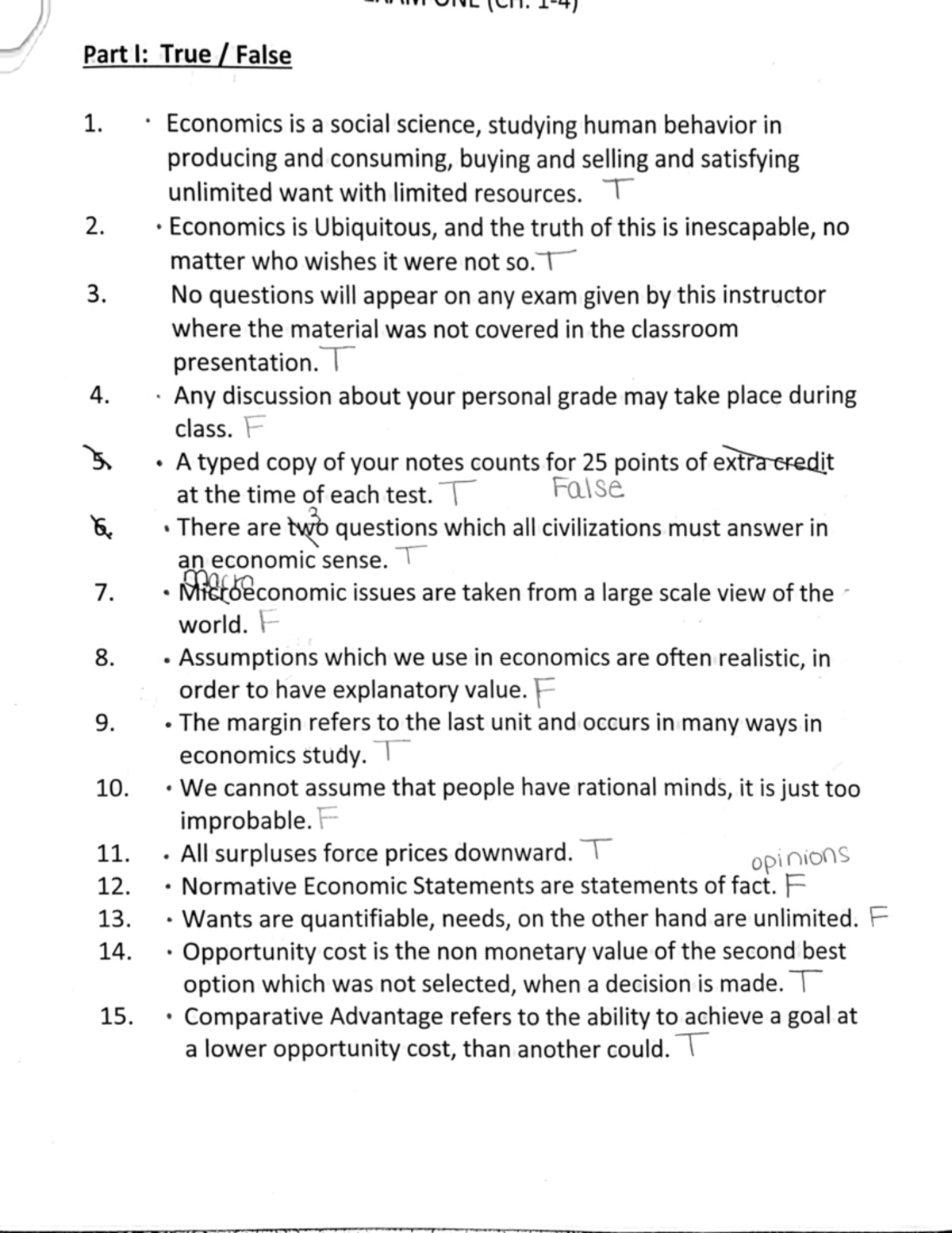 Econ201Exam1-1 - Economics Notes Exam 1-1 - PartI: True/False 1 ...