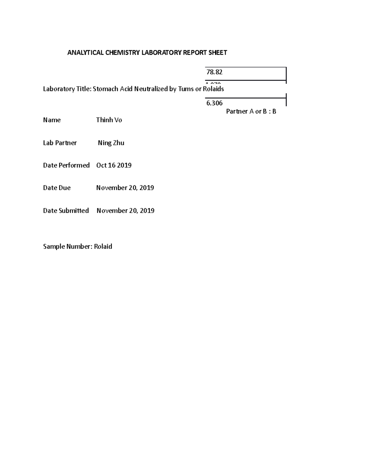 Analytical Chem Lab 4 - Grade: 88% - ANALYTICAL CHEMISTRY LABORATORY ...