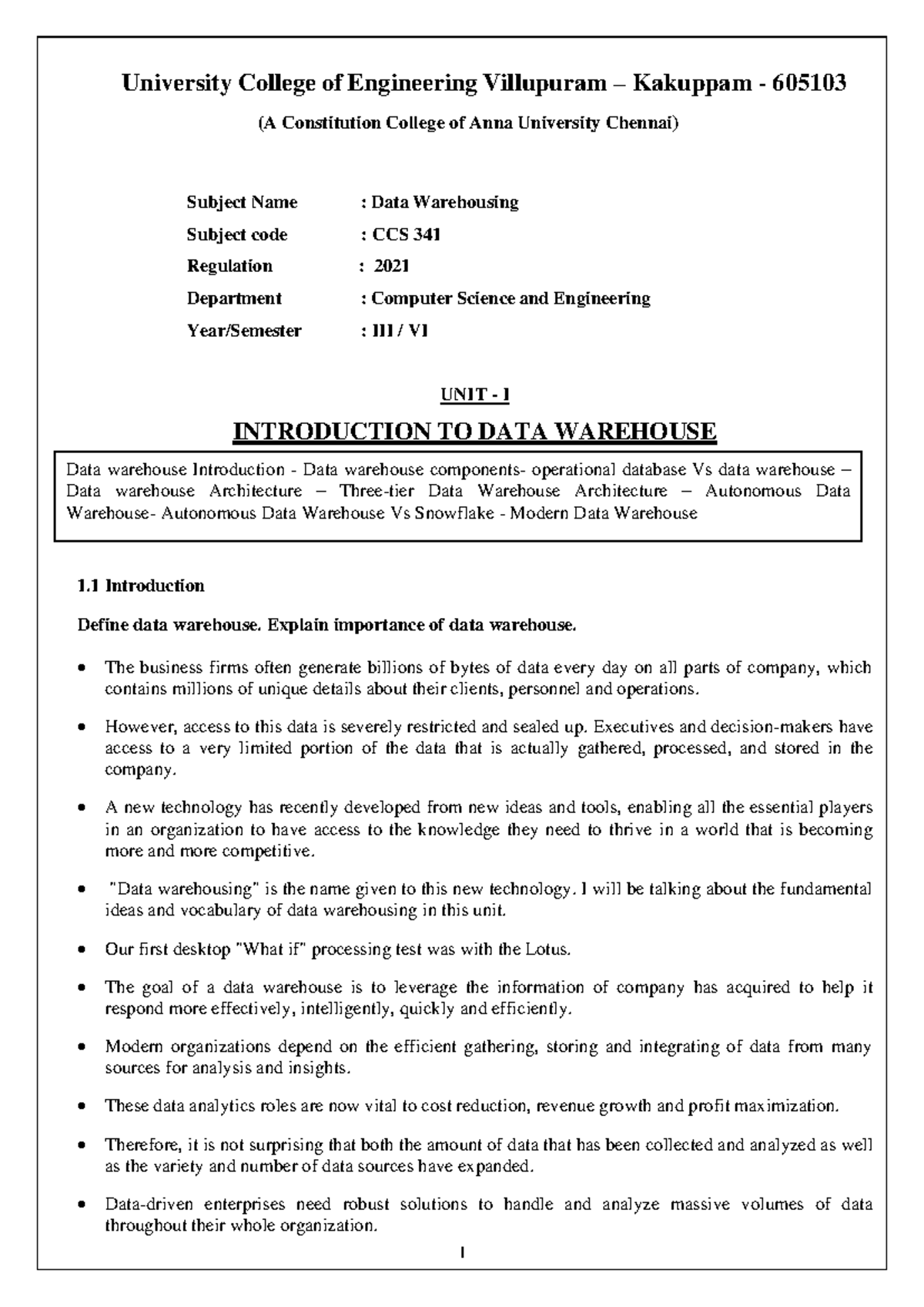 DW - UNIT 1 - Semiyanda notes - Data warehouse Introduction - Data ...