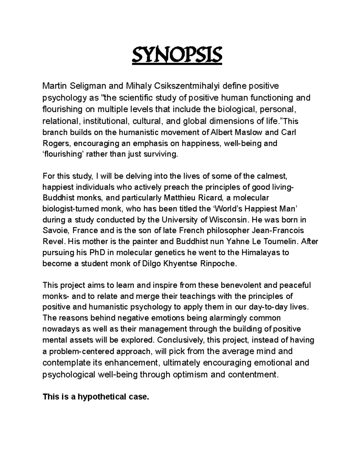 Psychologysynopsis - psychology synopsis - SYNOPSIS Martin Seligman and ...