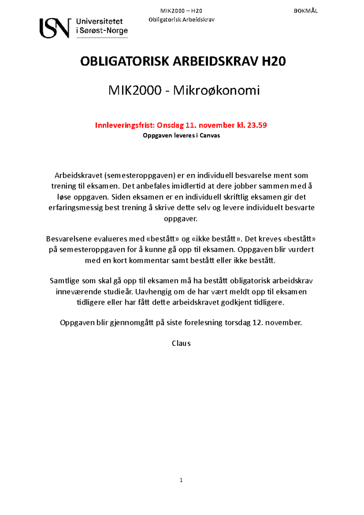 Mikro Arbeidskrav - Obligatorisk Arbeidskrav OBLIGATORISK ARBEIDSKRAV H ...