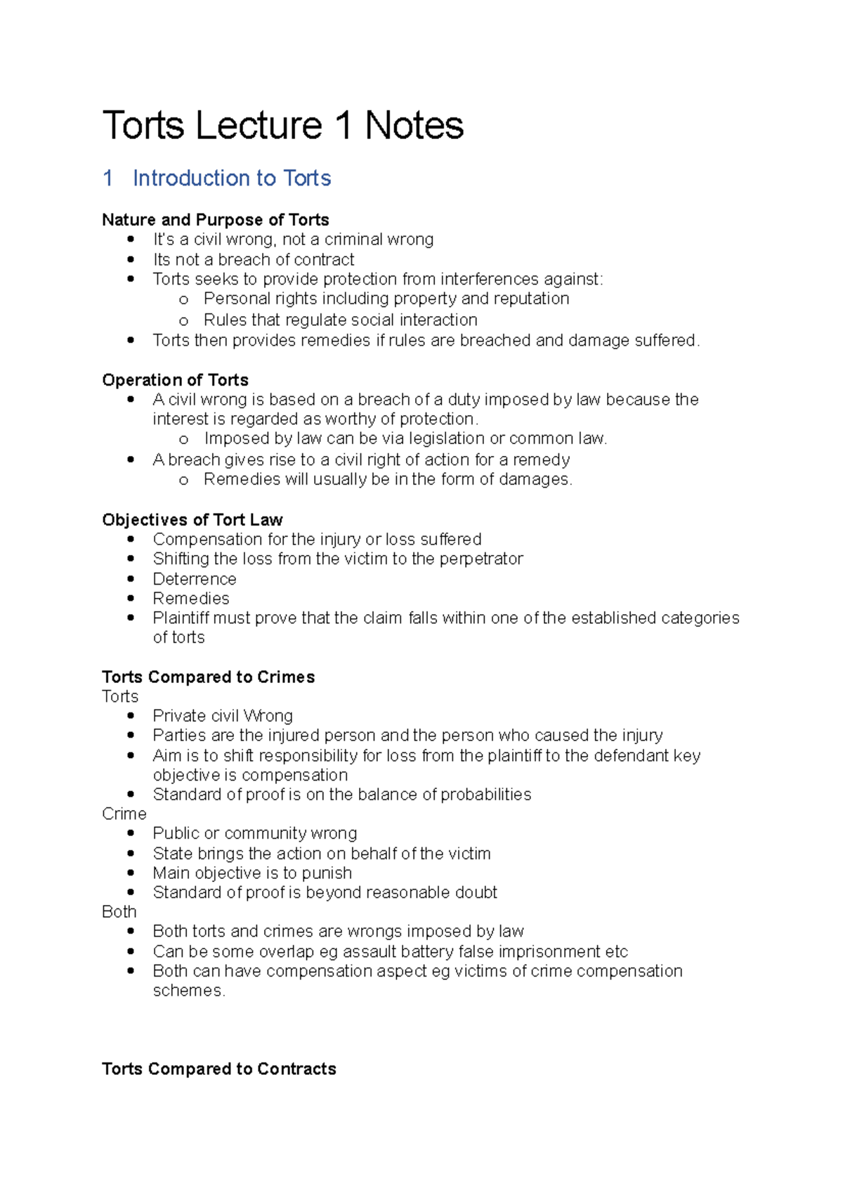 Torts Lecture 1 Notes Torts Lecture 1 Notes 1 Introduction To Torts Nature And Purpose Of Torts Lecture 1 Notes Torts Lecture 1 Notes 1 Introduction To Torts Nature And Purpose Of