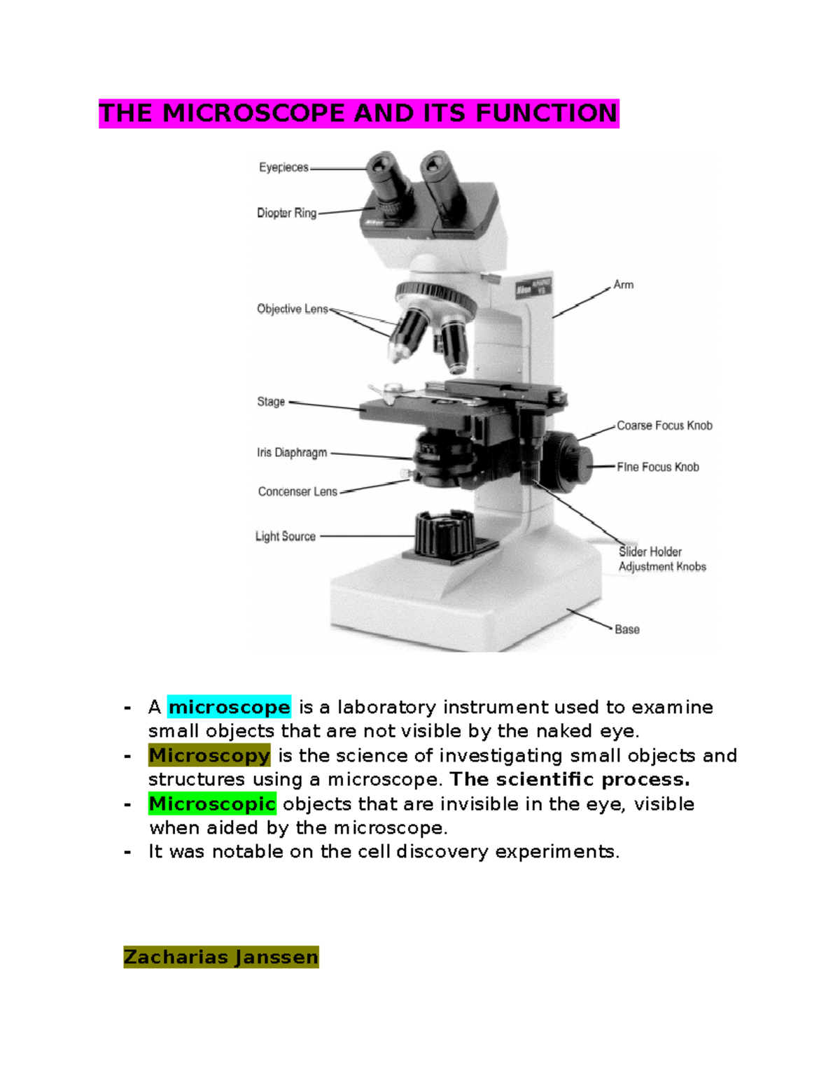THE Microscope AND ITS Function THE MICROSCOPE AND ITS FUNCTION A