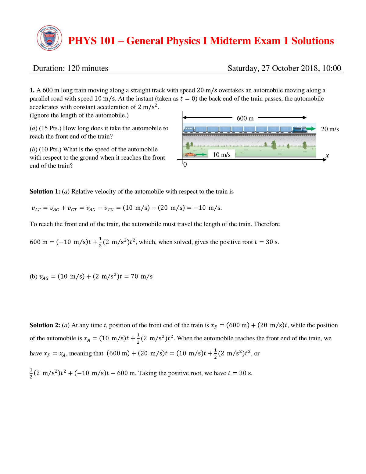 Exam 27 October 2018, Answers - PHYS 101 – General Physics I Midterm ...