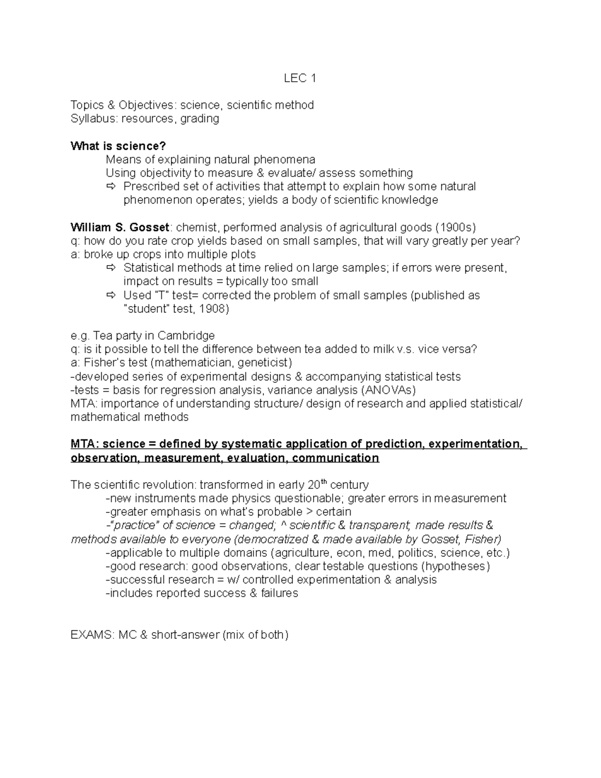 LEC 1 - Lecture notes 1 - LEC 1 Topics & Objectives: science ...