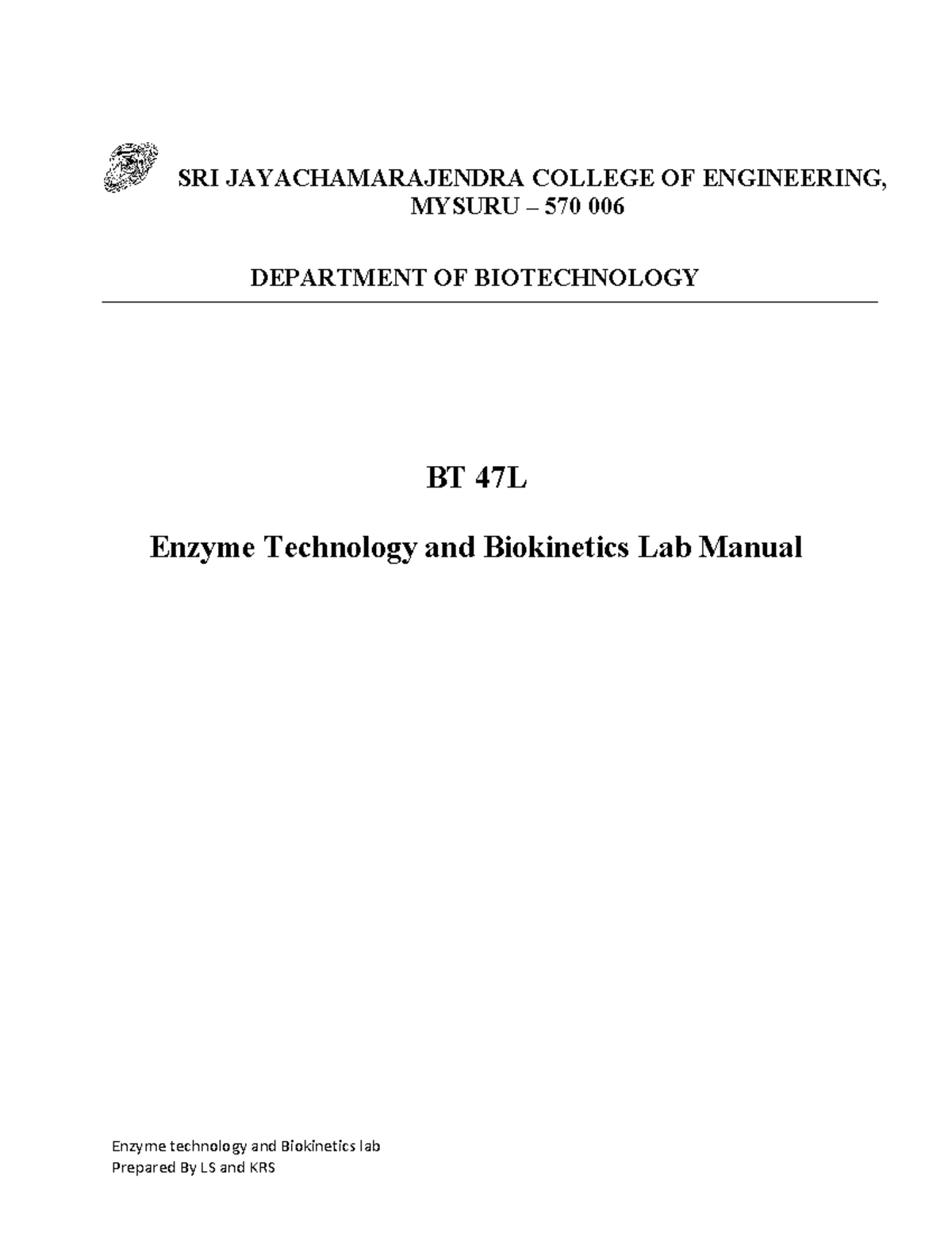 Enzyme Technology and Lab Manual BT 47L SRI