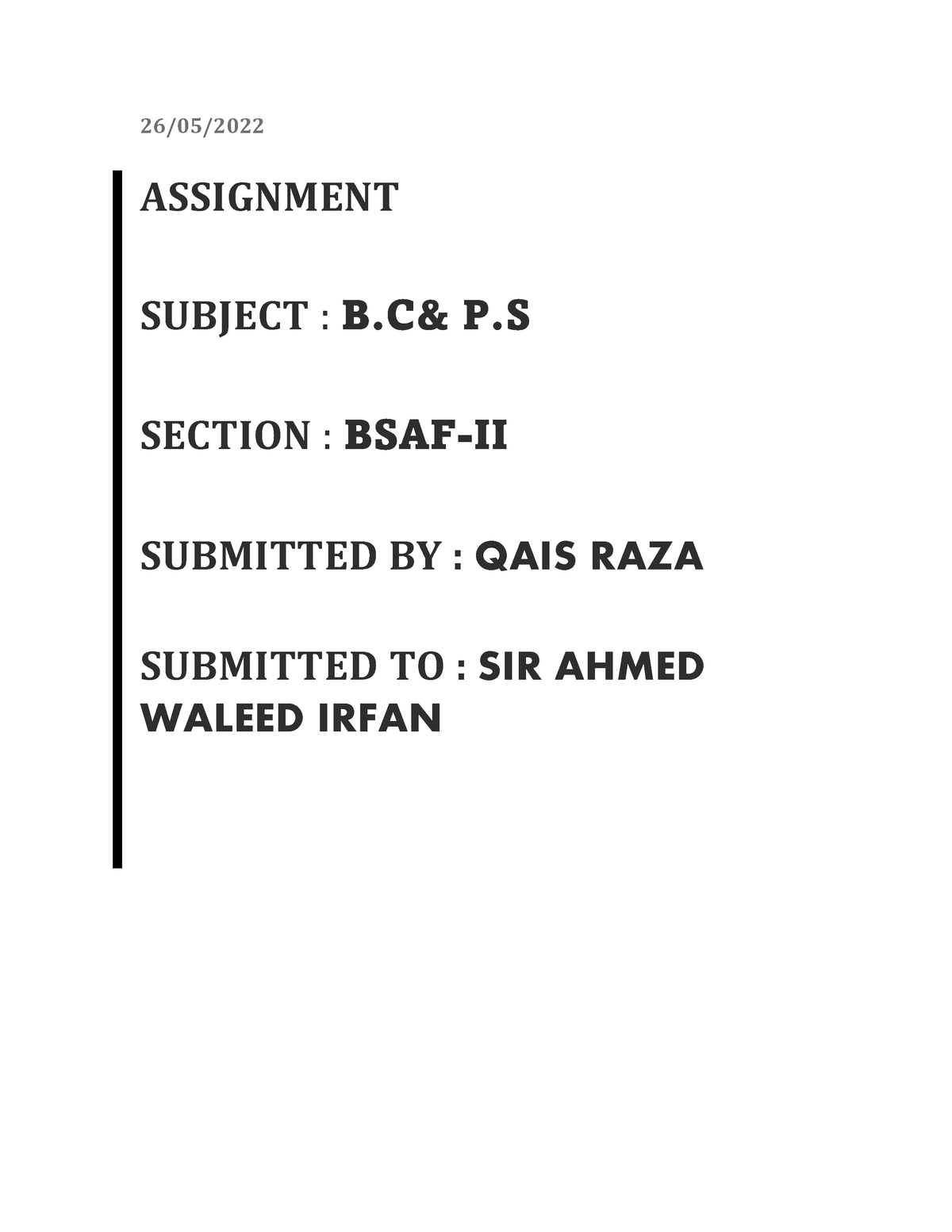 Assignment B.c Documents - 26/05/ ASSIGNMENT SUBJECT : B& P SECTION ...