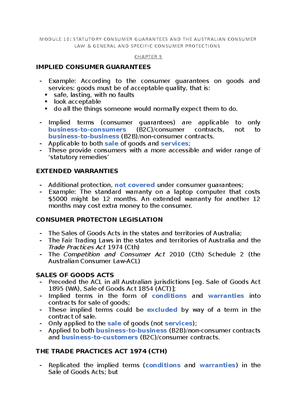 Module 10 Statutory Consumer MODULE 10 STATUTORY CONSUMER GUARANTEES