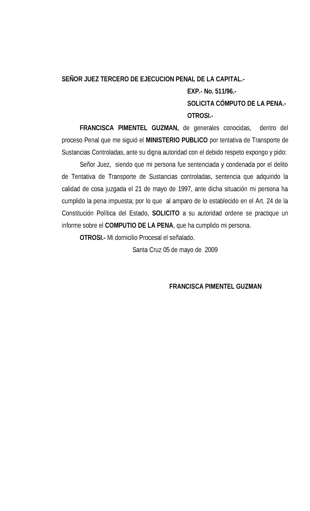 Computo de pena - documento penal - SEÑOR JUEZ TERCERO DE EJECUCION ...
