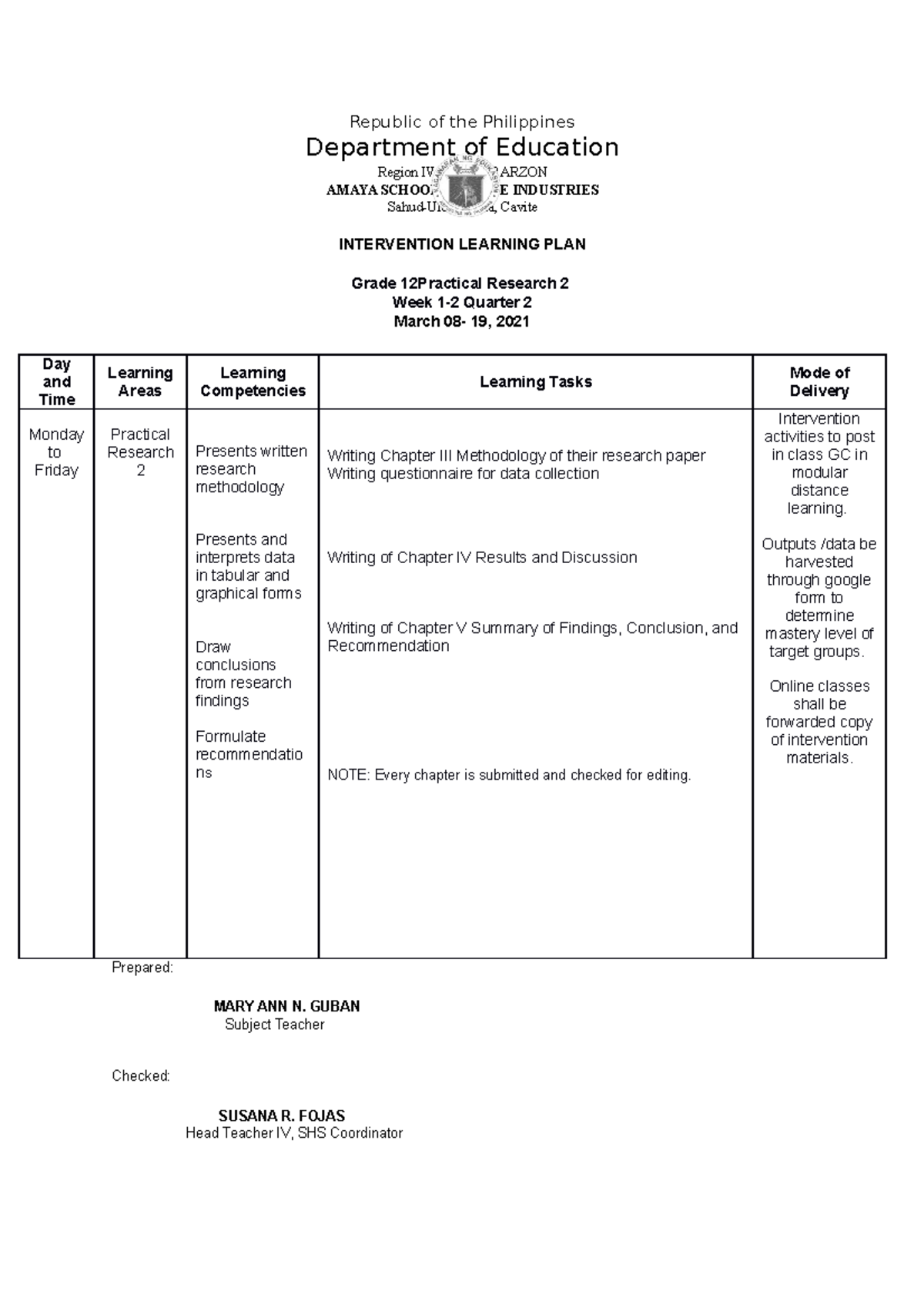 PR2 WHLP Intervention WEEK 1 2 - Republic of the Philippines Department ...