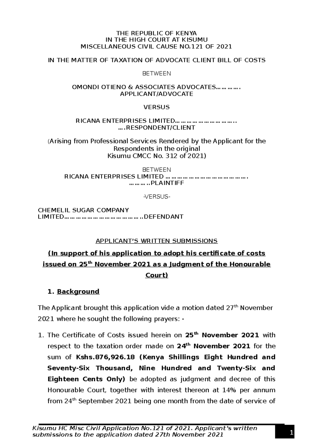 Adoption of certificate of Costs Kisumu HC Misc Civil Application No