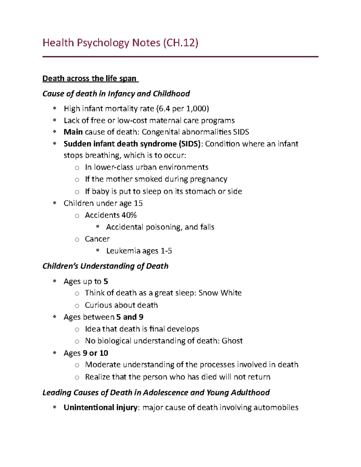 CH.12 Notes - Lecture note Week 3 - Health Psychology Notes (CH) Death ...