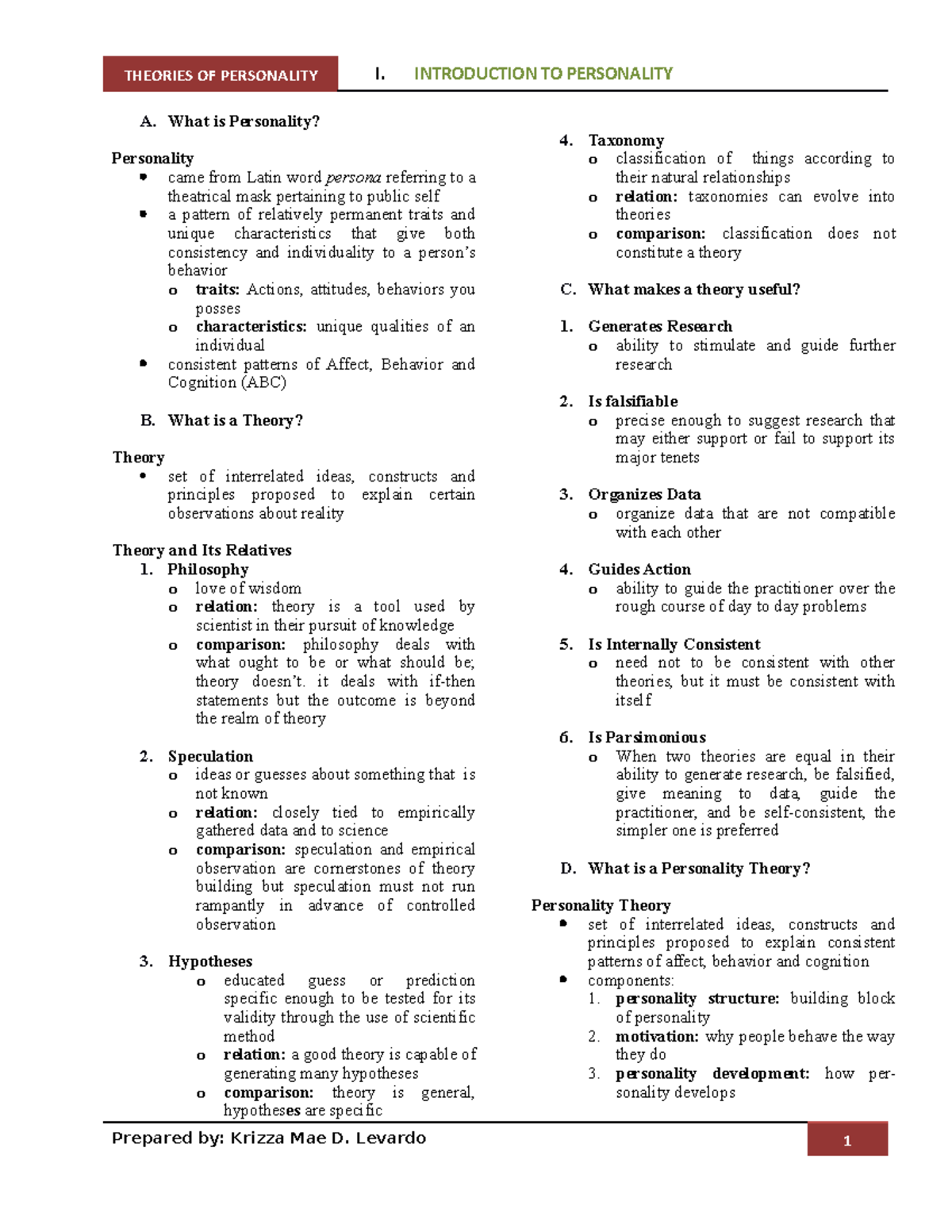 1 Introduction To Personality - THEORIES OF PERSONALITY I. INTRODUCTION ...