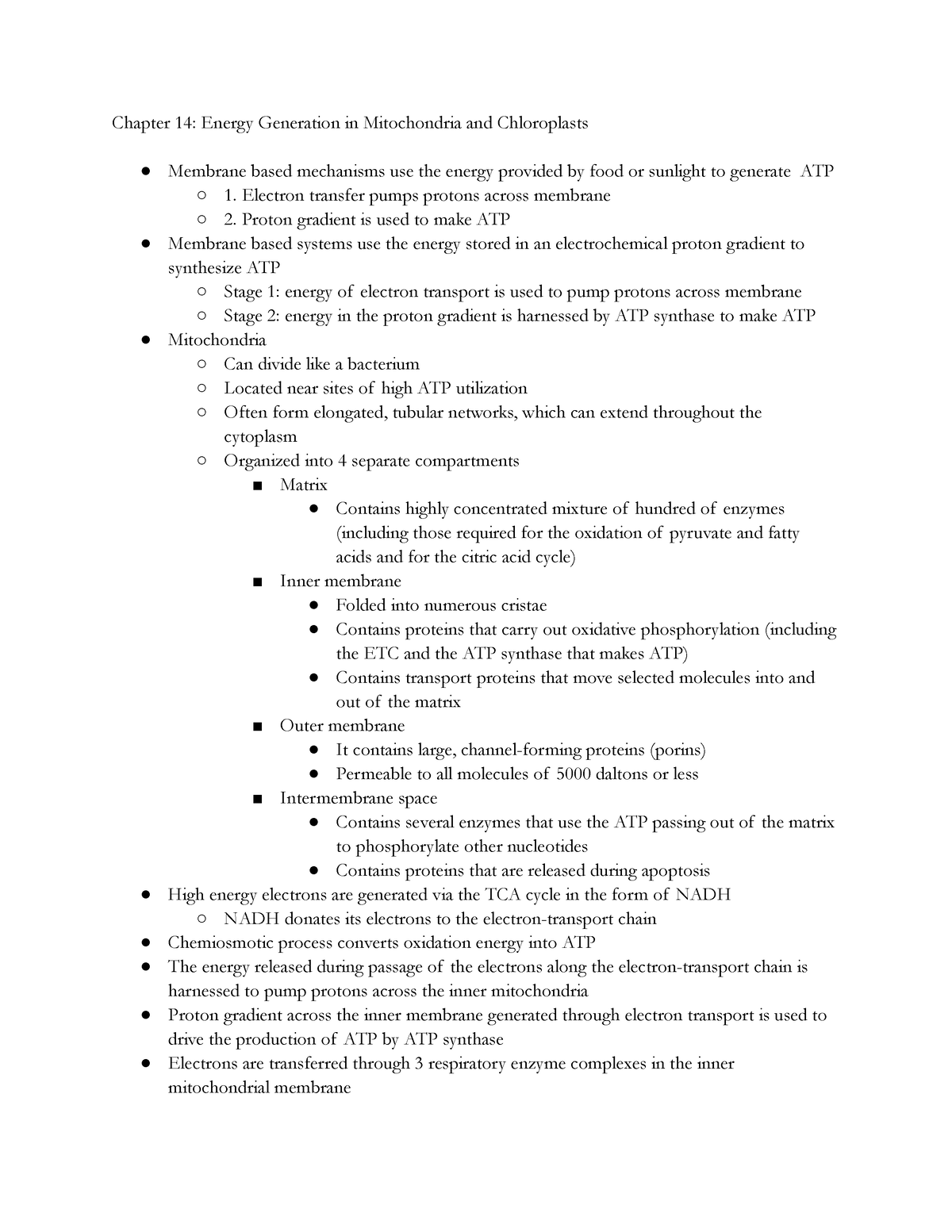 TAMU BIOL 213 Dr. Qin Chapter 14 Energy Generation in Mitochondria and