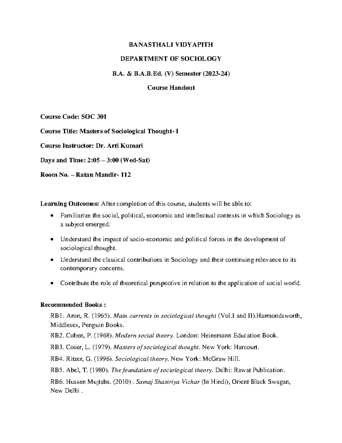 SOC 301 - I want good lectures notes - BANASTHALI VIDYAPITH DEPARTMENT ...