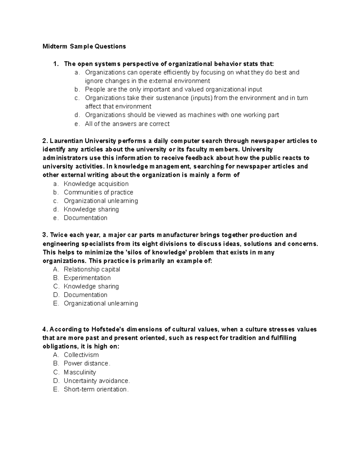 HROB Sample MC Mideterm - Midterm Sample Questions 1. The open systems ...