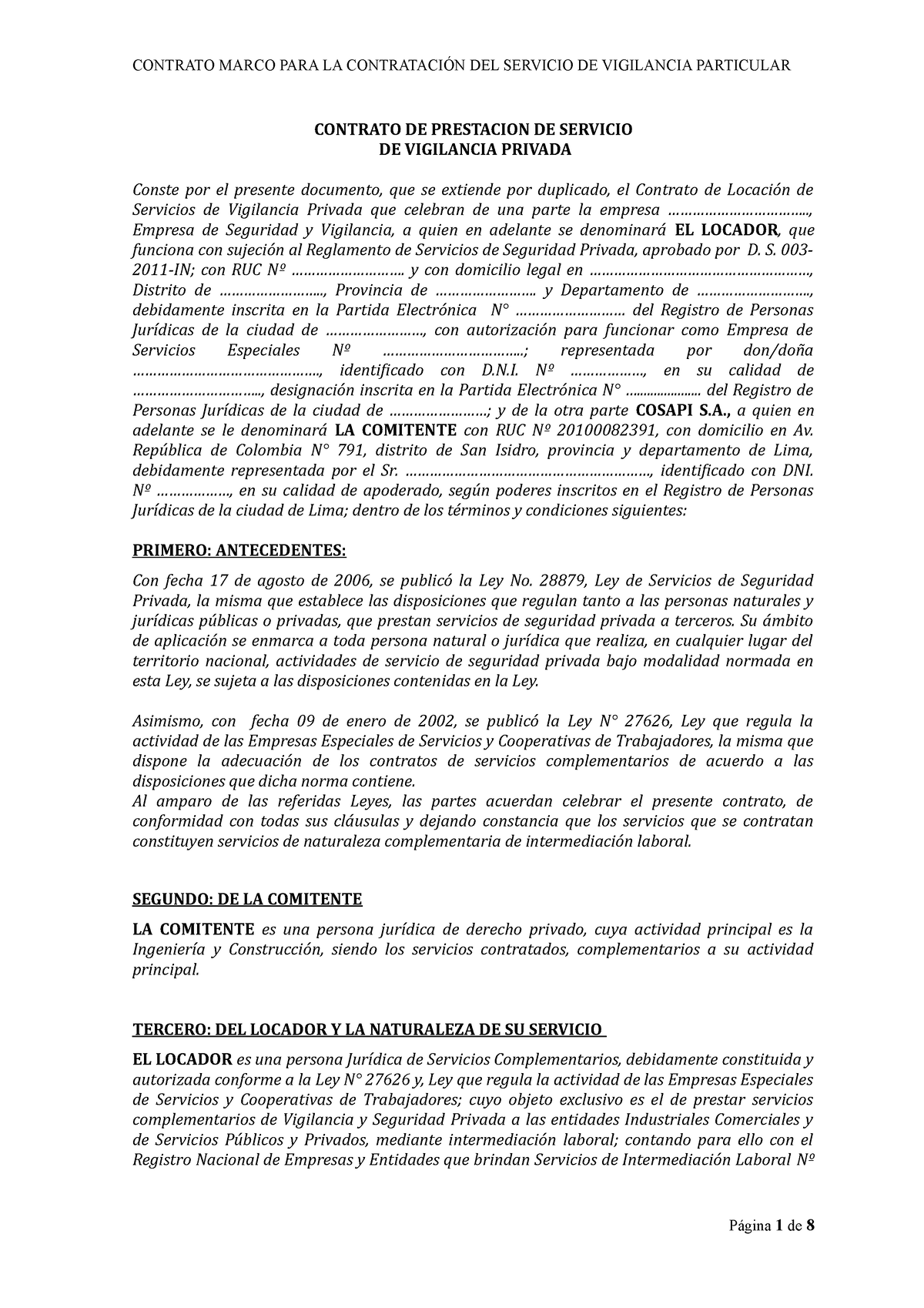 05 Servicio de Vigilancia - CONTRATO DE PRESTACION DE SERVICIO DE VIGILANCIA  PRIVADA Conste por el - Studocu