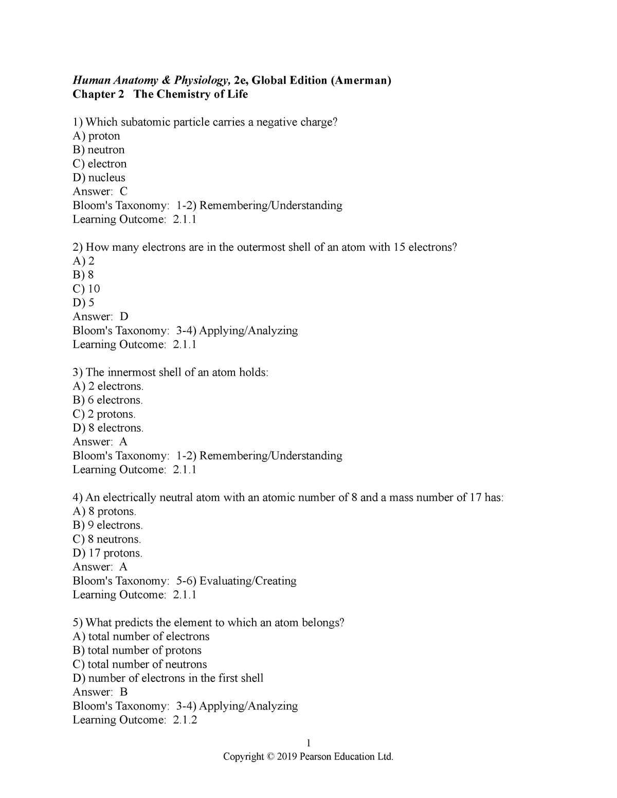 Anatomy And Physiology Chapter 2 Worksheet Answers