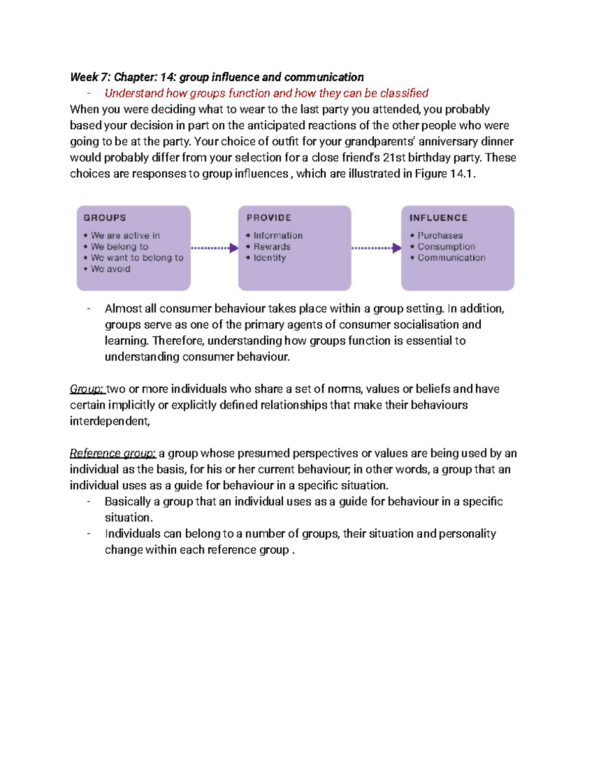 Weeks 7 Notes Consumer Behaviour - Week 7: Chapter: 14: Group Influence ...