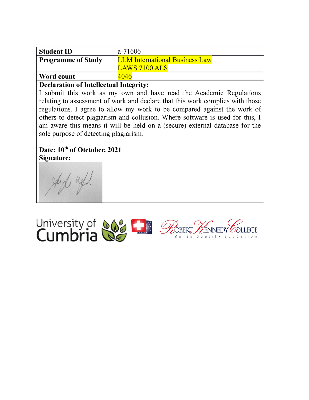 university of cumbria assignment format