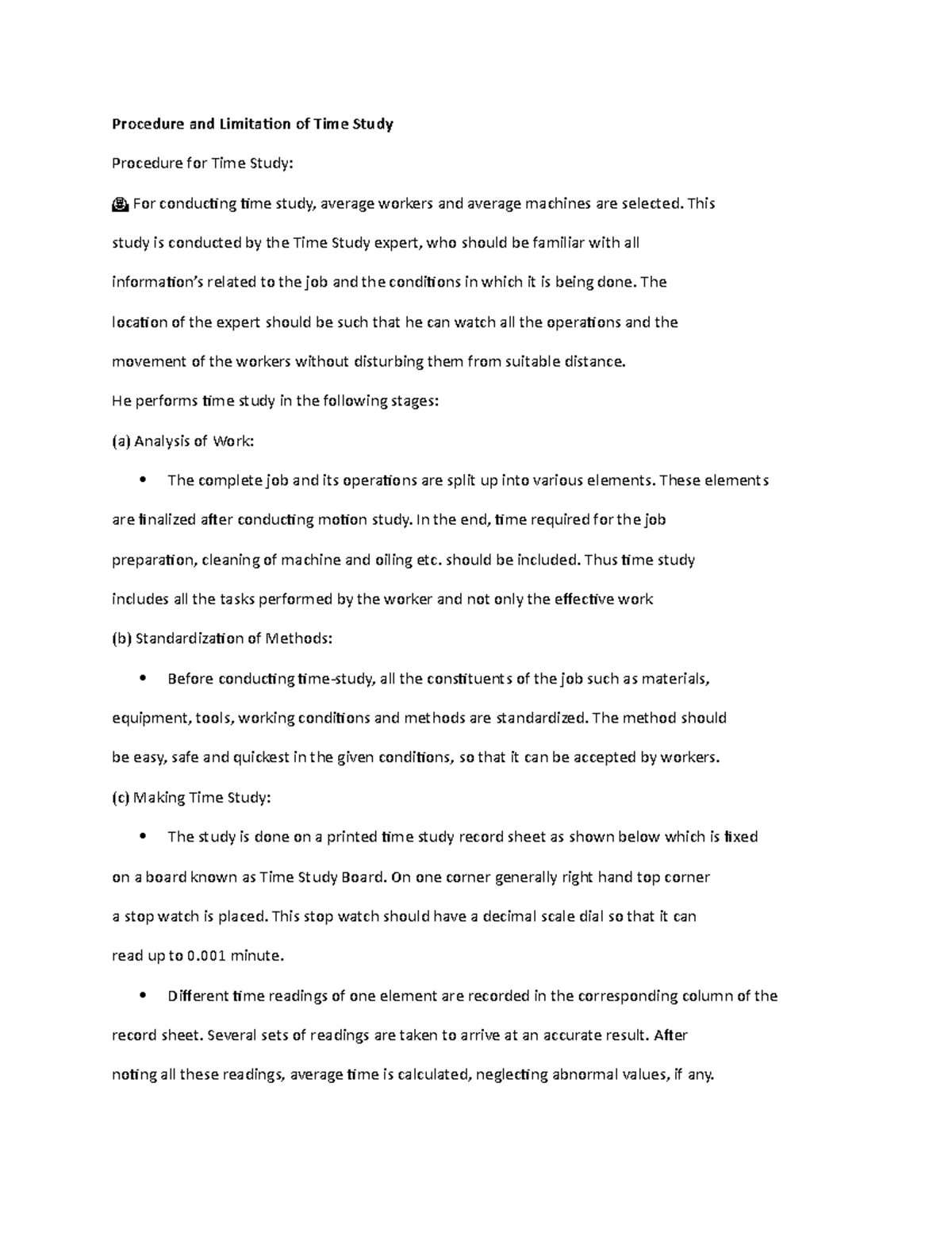 Industrial Engineering - Procedure and Limitation of Time Study ...