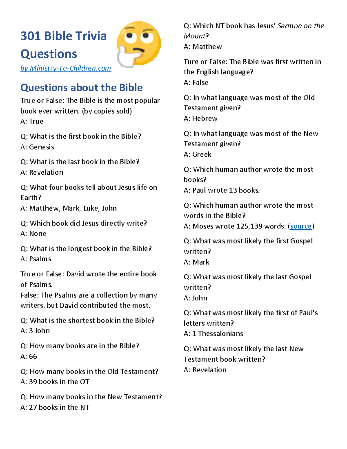 Bible Trivia Questions And Answers 301 Bible Trivia Questions By Ministry To Children