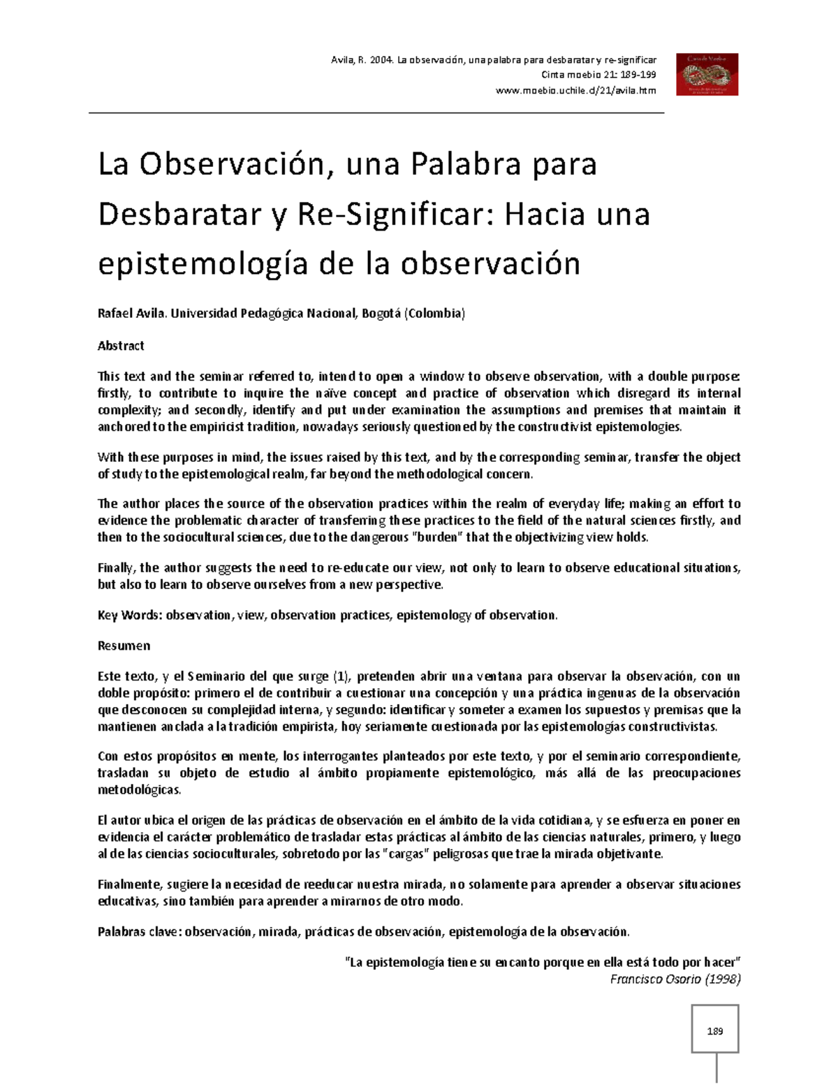 Lectura La Observación - Cinta Moebio 21 : 189-1 99 Moebio.uchile/ 21 ...