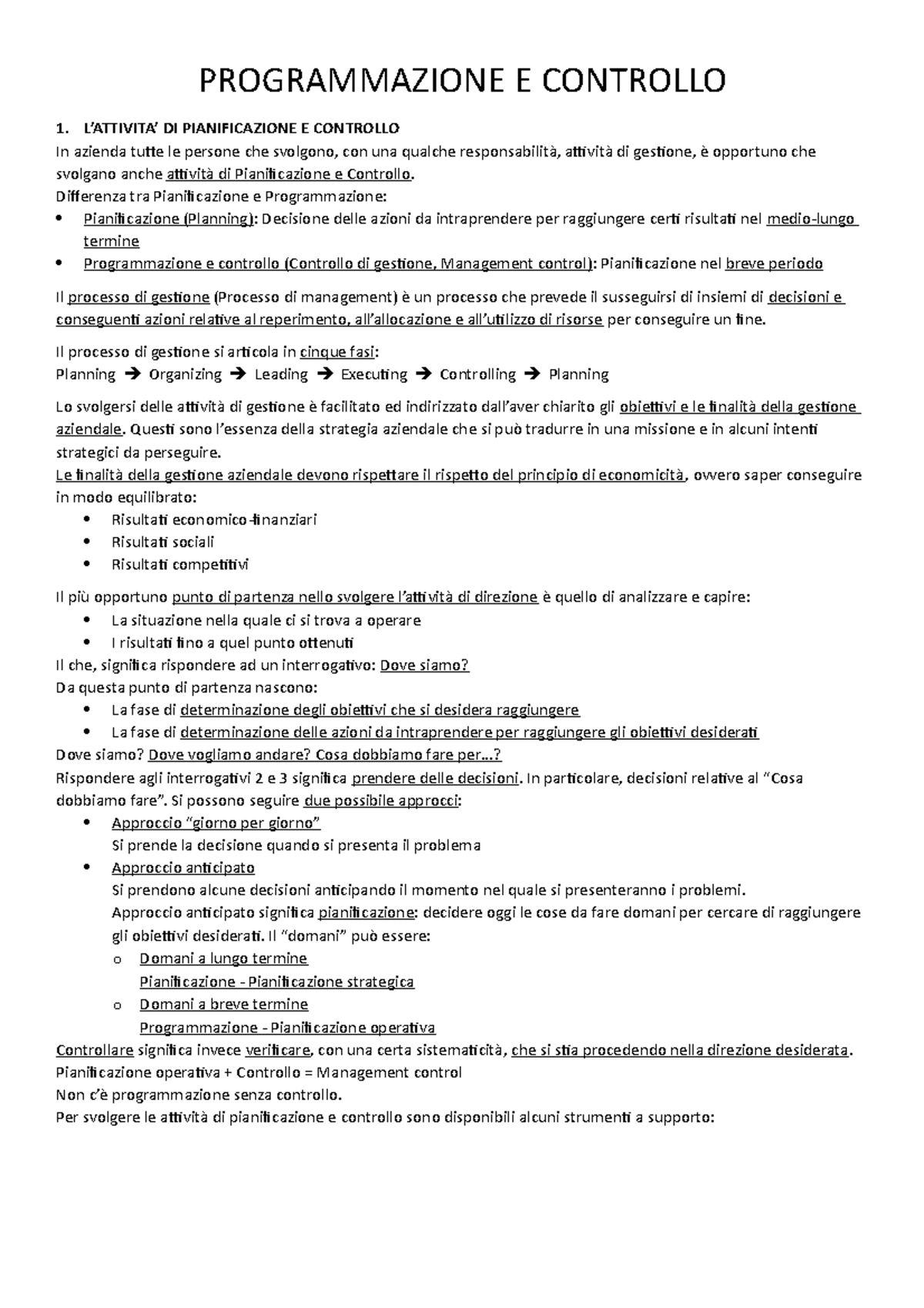 Programmazione e controllo, Appunti - PROGRAMMAZIONE E CONTROLLO 1. L ...
