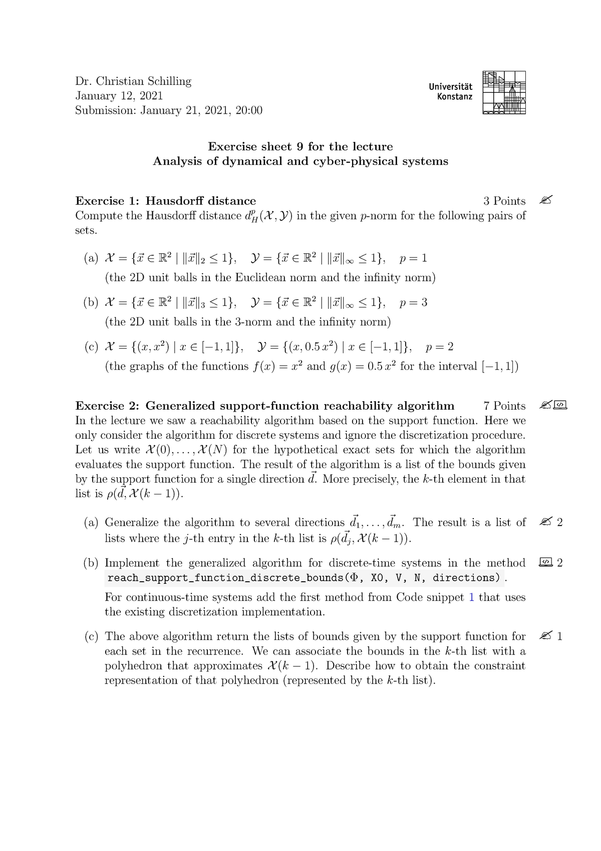 Exercise Sheet 9 For The Lecture Analysis Of Dynamical And Cyber Physical Systems Studocu