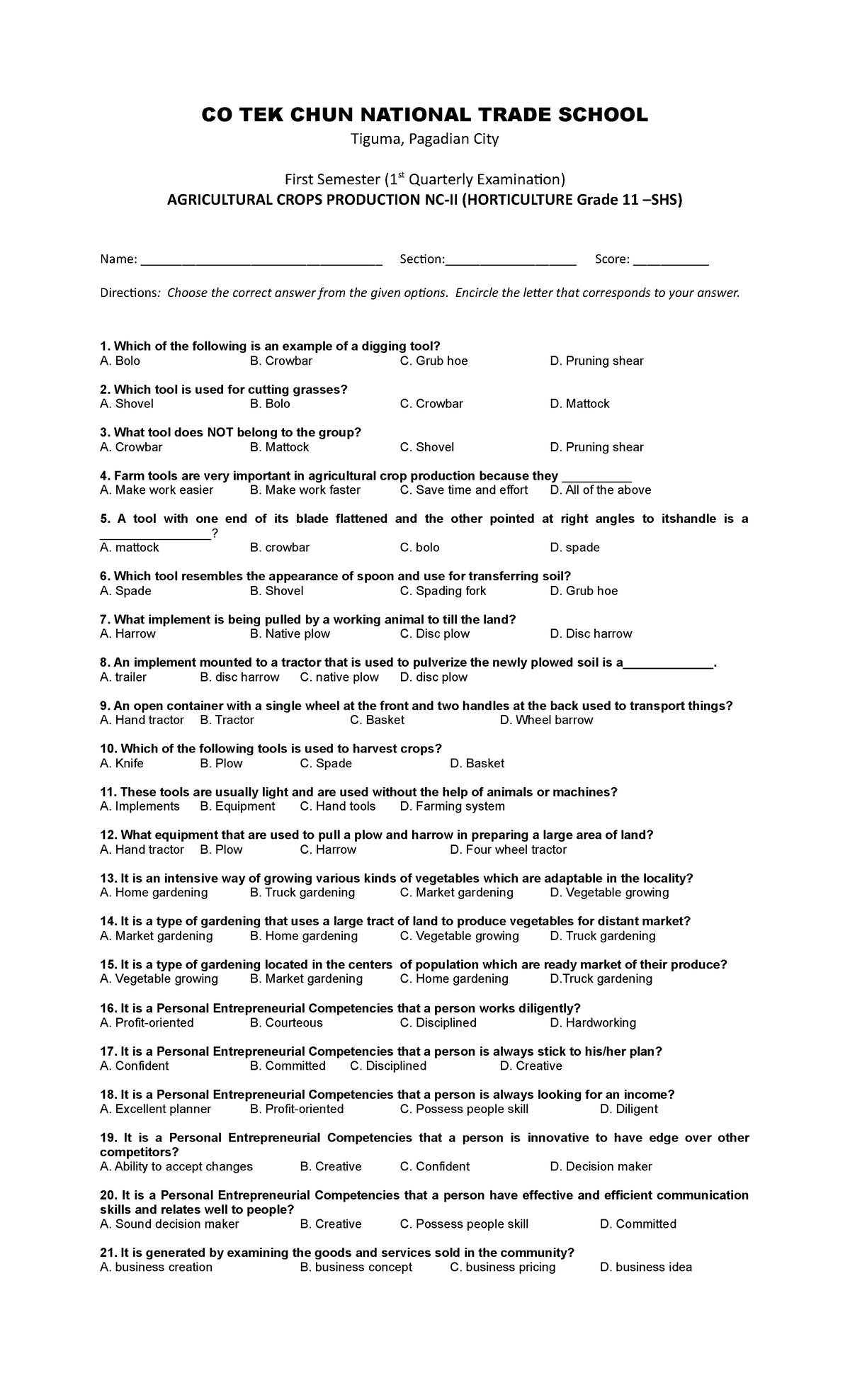 Grade 11 1st quarter exam co tek chun national trade school tiguma