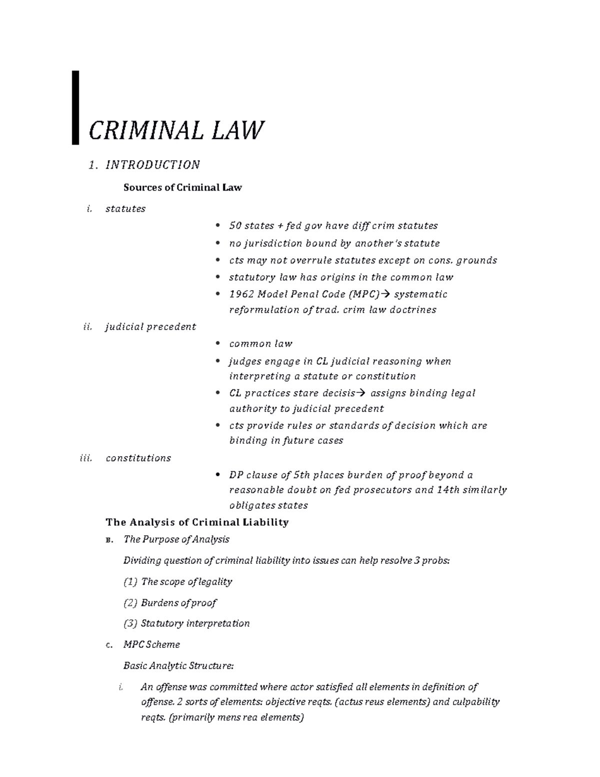 Criminal Law Outline - CRIMINAL LAW 1. INTRODUCTION Sources Of Criminal ...