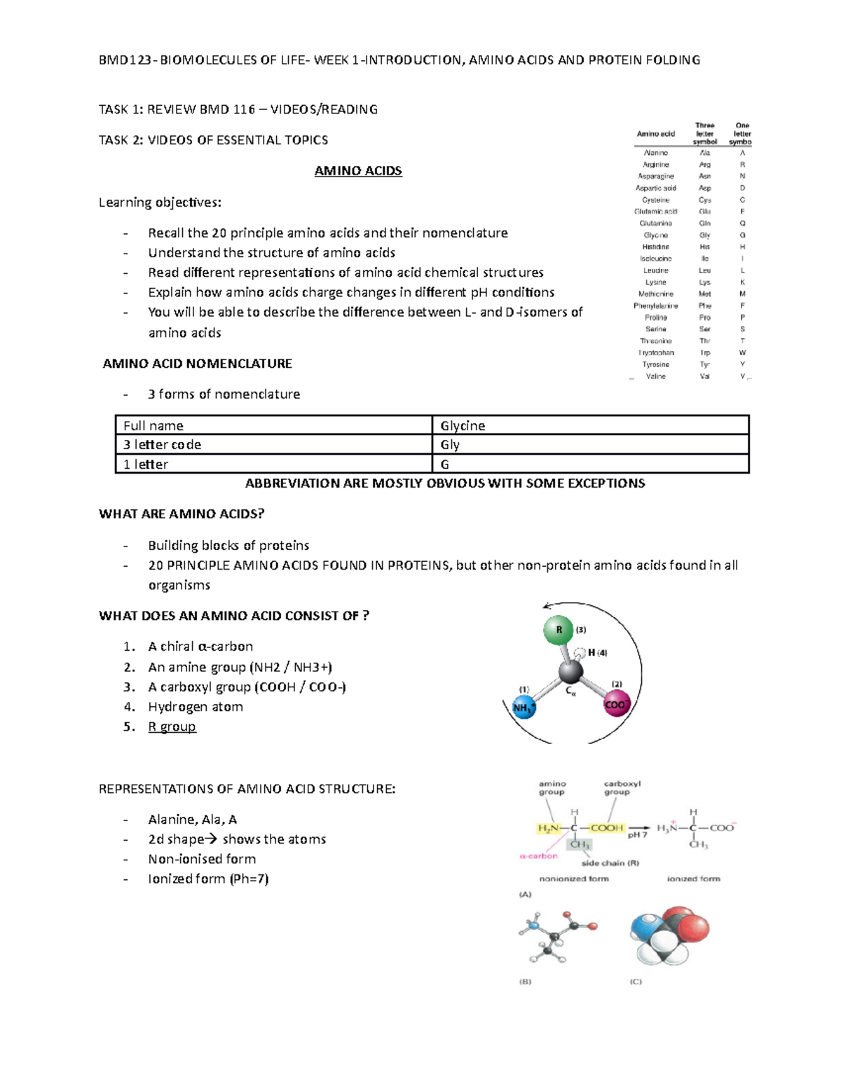 BMD123 WEEK1 - introduction, amino acids and protein folding - TASK 1 ...