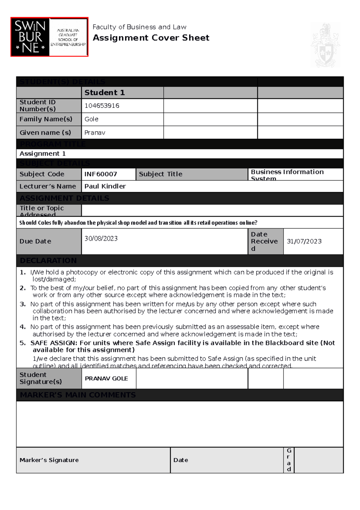 assignment cover sheet dcu